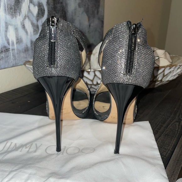 Jimmy Choo Anthracite Glitter & Leather Lame Crisscross Platform Sandals SZ 10 - Picture 3 of 9